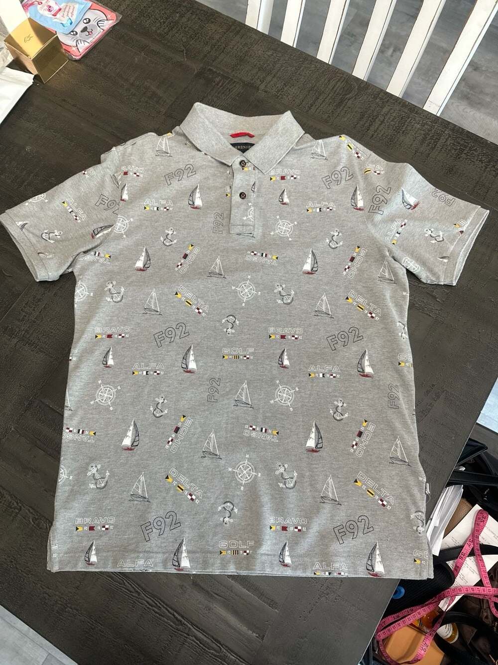Fahrenheit Nautical Print Polo Shirt Grey Size L #349